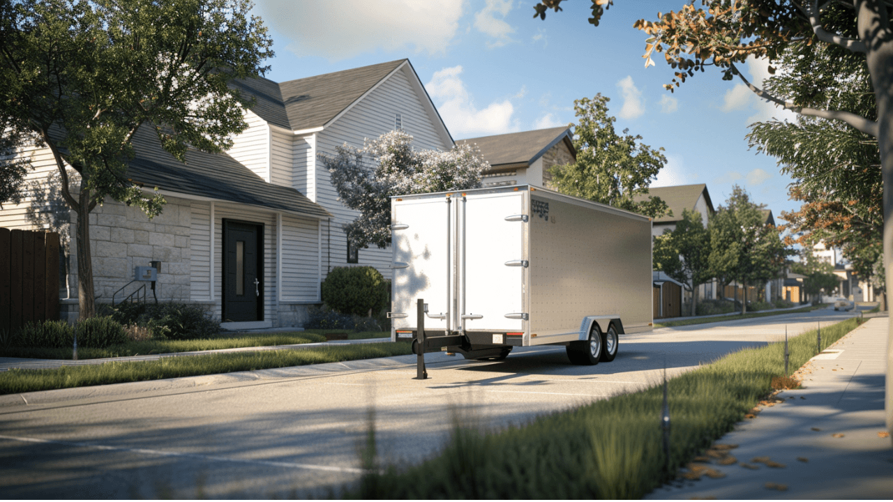 enclosed trailer on residential street in Austin neighborhood for loading or delivery