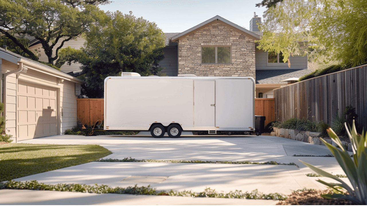 enclosed trailer delivered and staged in residential driveway Austin Texas for loading