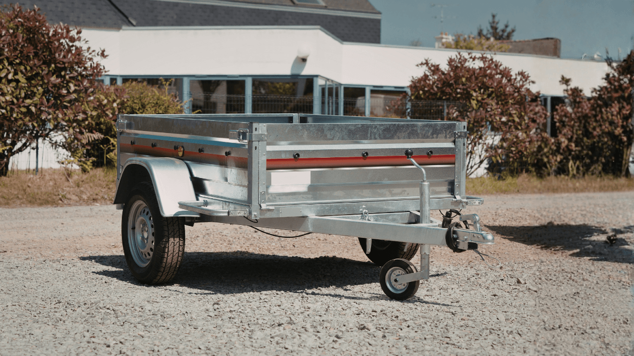 small open utility trailer Austin parked on gravel
