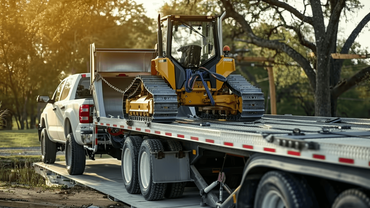 compact excavator loaded on equipment trailer for contractor hauling in Austin
