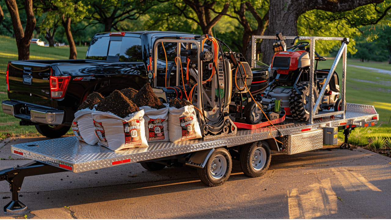 landscaping equipment loaded on utility trailer for landscaping jobs in Austin