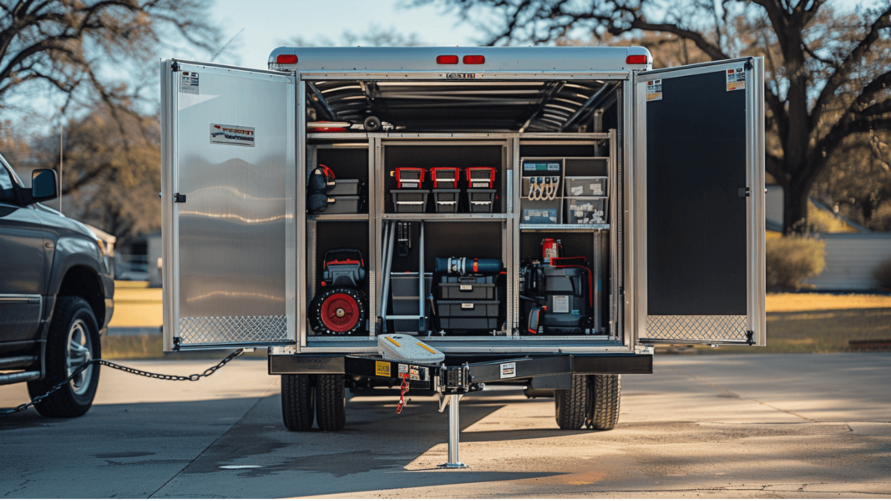 enclosed trailer organized for tool security on contractor job sites