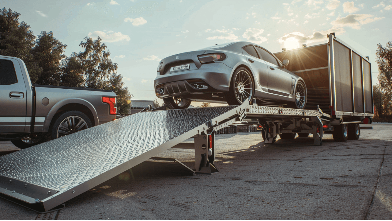 car being loaded onto car hauler trailer ramp Austin