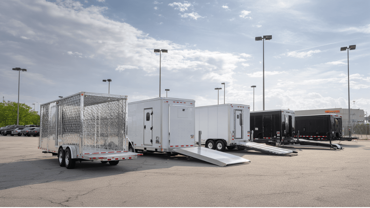 enclosed cargo trailers lined up at trailer rental lot in Austin Texas for pickup and delivery