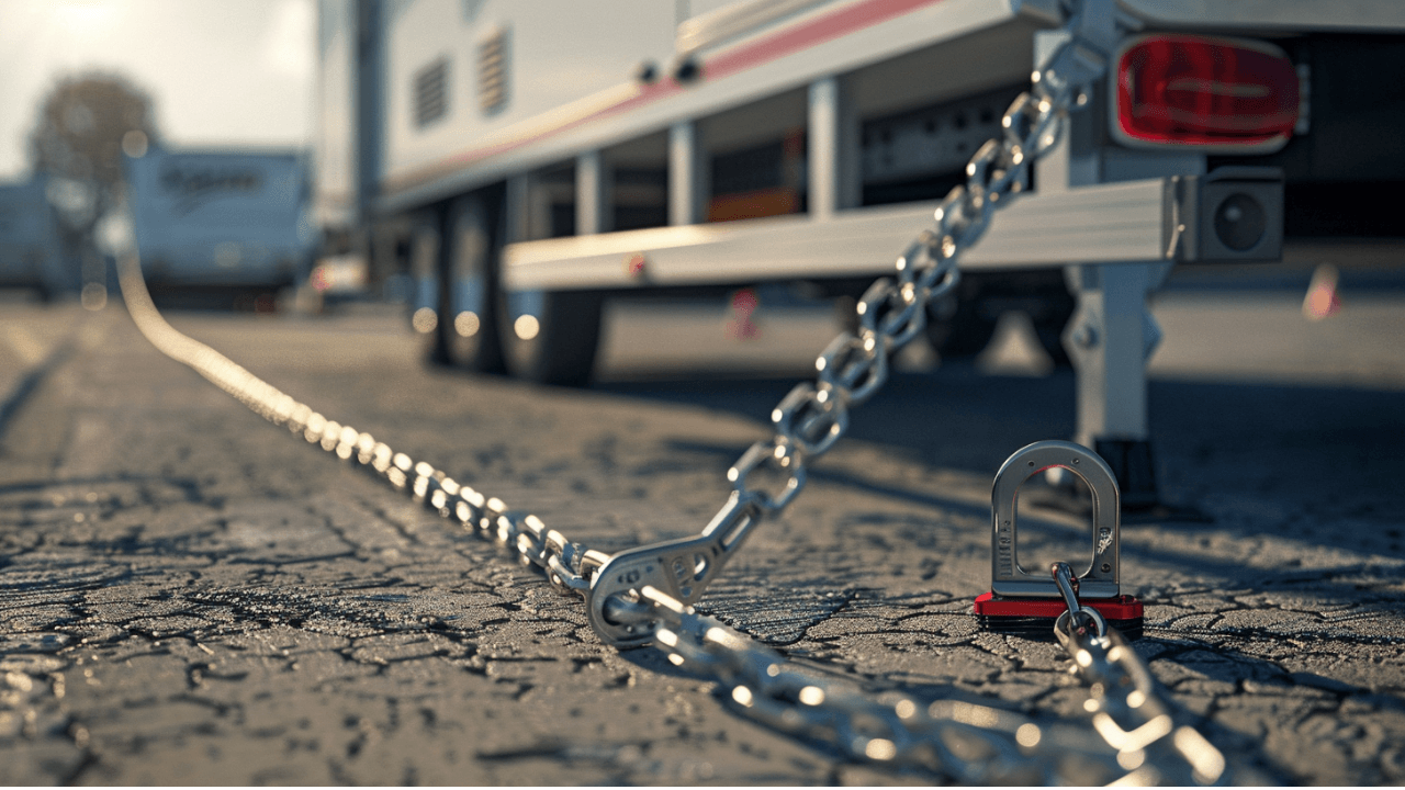 crossed trailer safety chains attached to trailer hitch connection point