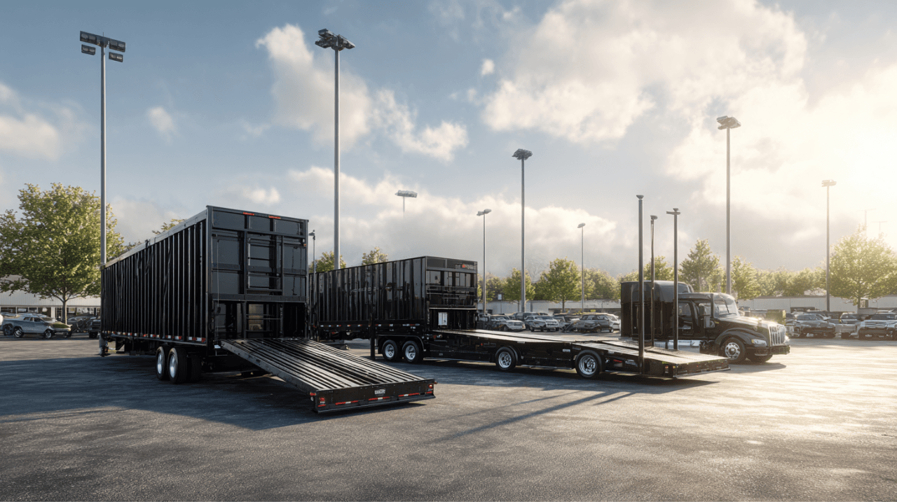 dump trailer, car hauler, and tilt deck trailers parked at trailer rental lot Austin Texas