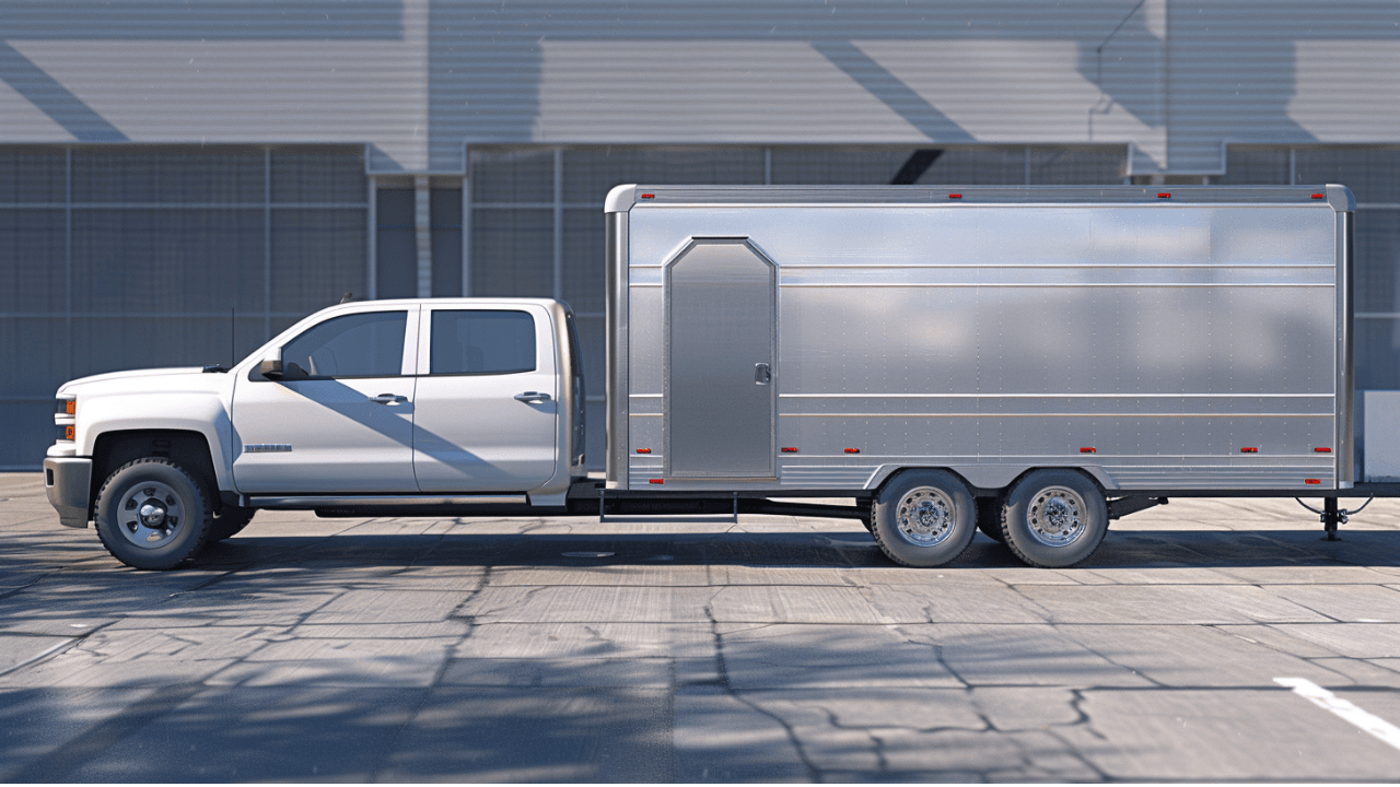pickup truck towing enclosed cargo trailer showing proper towing setup and hitch alignment