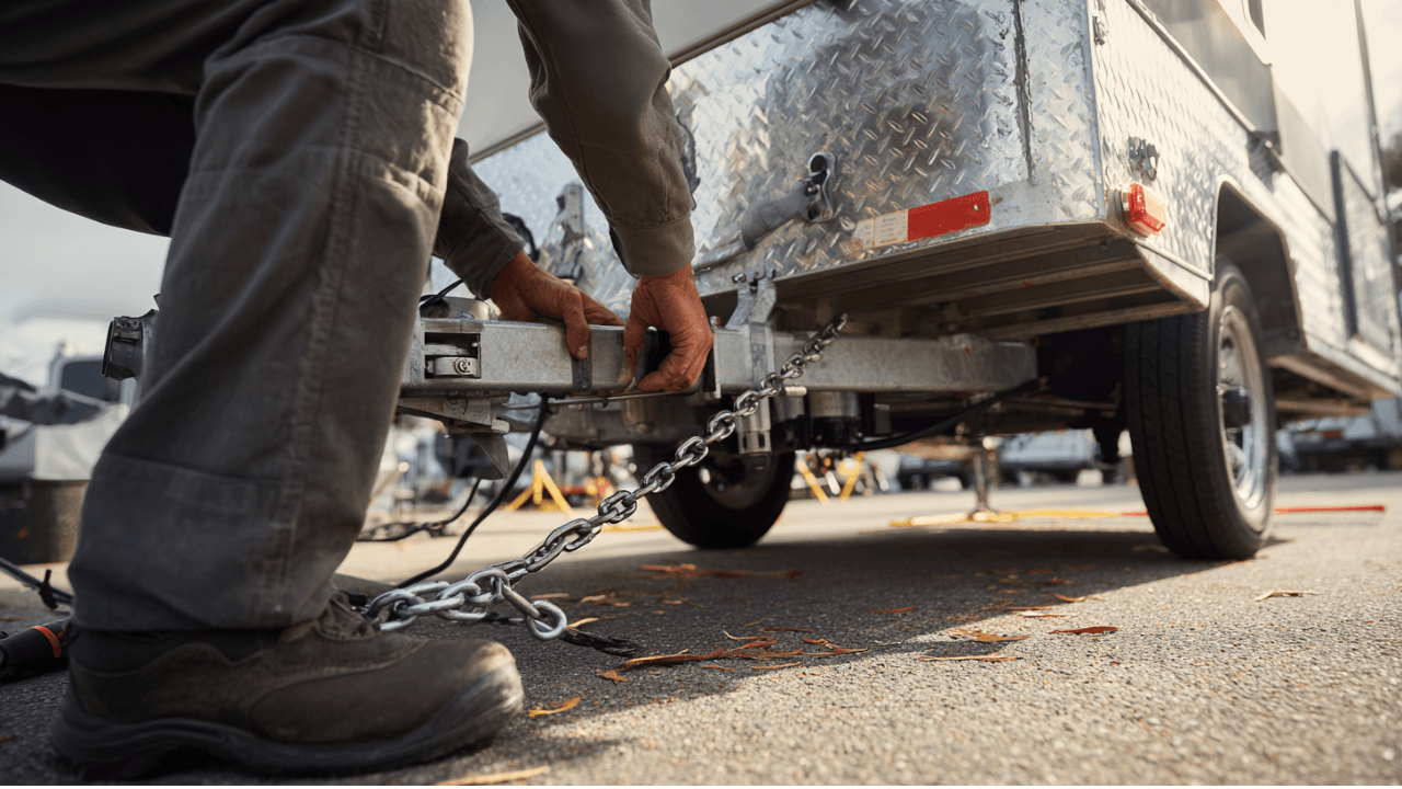 man connecting trailer hitch and safety chains during trailer pickup Austin Texas