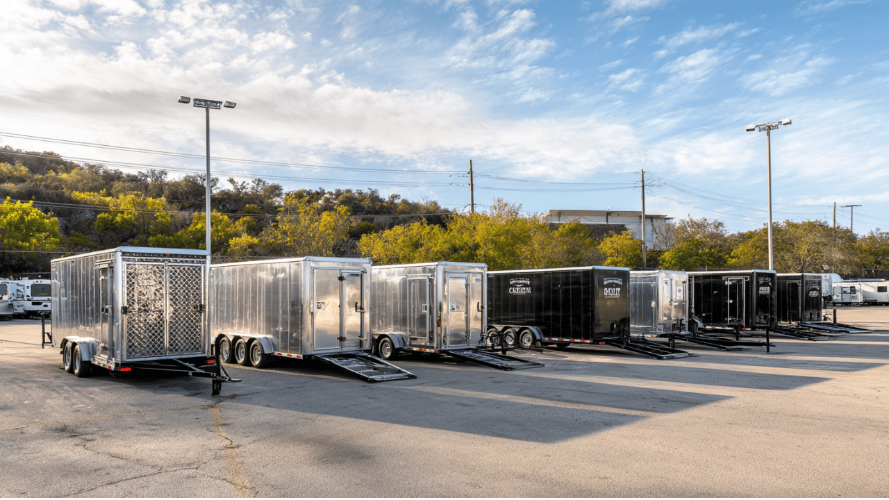 trailer rental lot Austin with multiple enclosed trailers